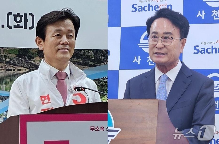 본문 이미지 - 조규일 진주시장(왼쪽)과 박동식 사천시장의 기자회견 장면. 뉴스1 DB