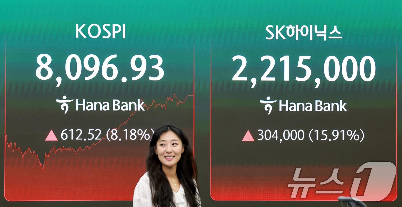 본문 이미지 - 9일 서울 중구 하나은행 본점 딜링룸 전광판에 종가가 나오고 있다. SK하이닉스는 전 거래일 대비 304,000원(15.91%) 오른 2,215,000원에 마감했다. 2026.6.9 ⓒ 뉴스1 이호윤 기자