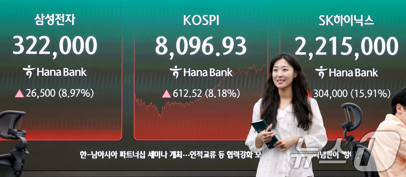 본문 이미지 - 9일 서울 중구 하나은행 본점 딜링룸 전광판에 삼성전자와 SK하이닉스 종가가 나오고 있다. 2026.6.9 ⓒ 뉴스1 이호윤 기자