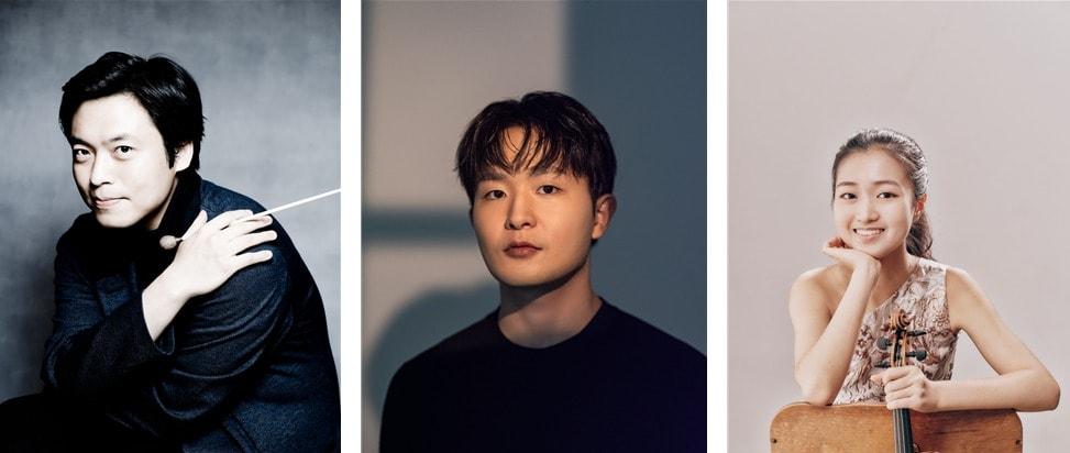 본문 이미지 - 왼쪽부터 김선욱(지휘), 선우예권(피아노), 김서현(바이올린)
