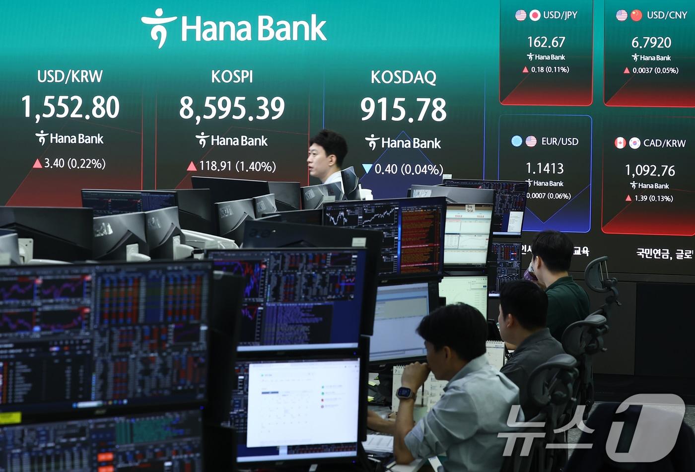 본문 이미지 - 코스피가 115.02p(1.36%) 오른 8591.5에 출발한 1일 오전 서울 중구 하나은행 본점 딜링룸 전광판에 개장 시황이 나오고 있다.  2026.7.1 ⓒ 뉴스1 김민지 기자