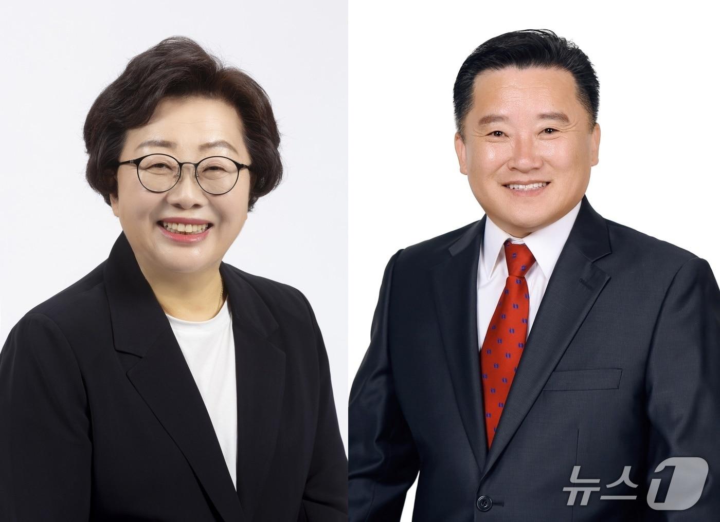 본문 이미지 - 제10대 강원 양양군의회 전반기 의장으로 선출된 최선남 의원(왼쪽)과 부의장으로 선출된 고정순 의원.(양양군의회 제공, 재판매 및 DB 금지) 2026.7.1/뉴스1