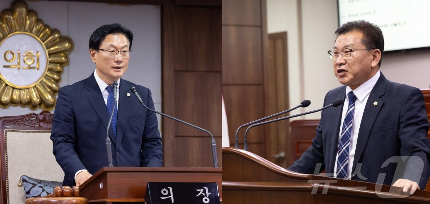 본문 이미지 - 제10대 순천시의회 전반기 의장으로 선출된 유영철 의원(좌)과 부의장 이향기 의원. (순천시의회 제공. 재판매 및 DB금지) ⓒ 뉴스1 