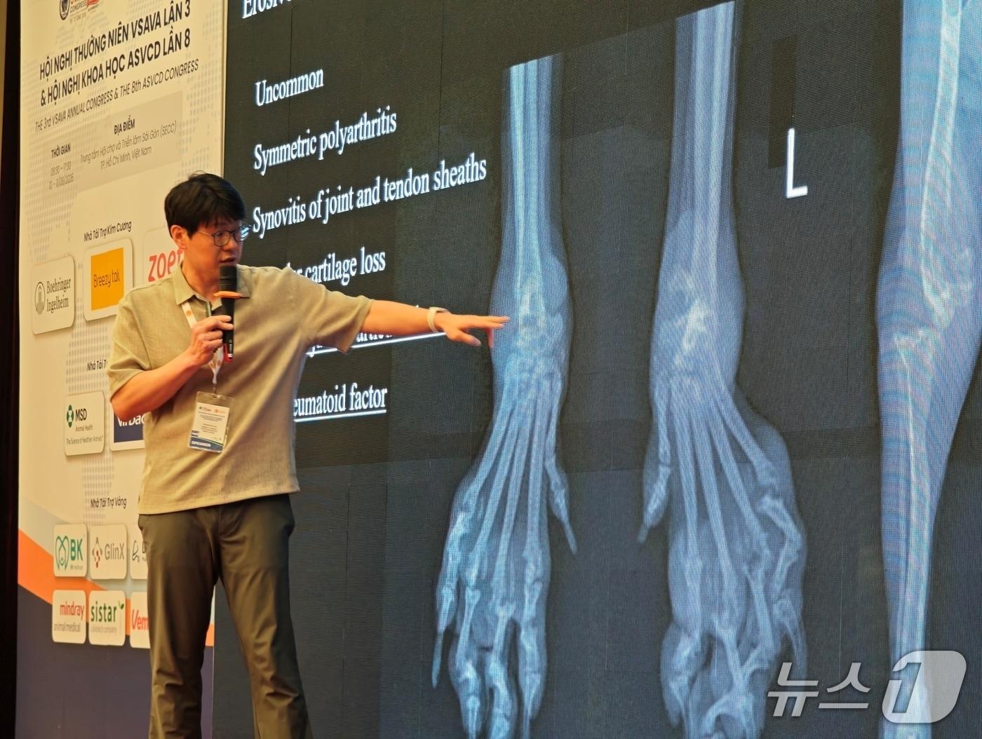 본문 이미지 - 이종협 넬동물의료센터 외과 대표원장이 6월 10일 열린 '제3회 베트남 소동물수의사회 연례 학술대회'에서 강연을 하고 있다(동물병원 제공). ⓒ 뉴스1