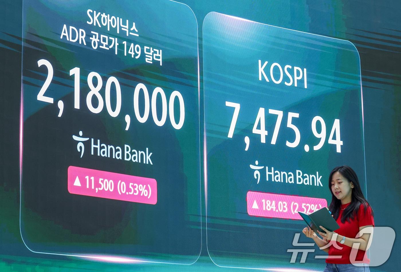 본문 이미지 - 10일 서울 중구 하나은행 본점 딜링룸 전광판에 코스피 종가와 SK하이닉스 종가가 나오고 있다.  2026.7.10 ⓒ 뉴스1 김성진 기자