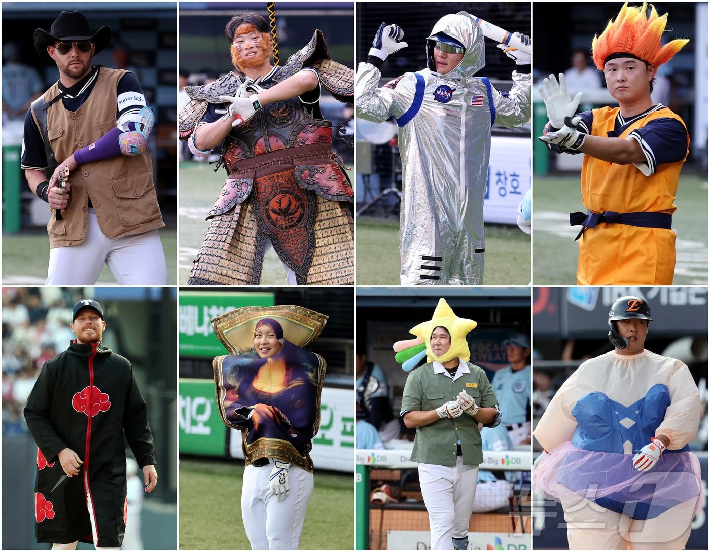 본문 이미지 - 11일 서울 송파구 잠실야구장에서 열린 '2026 신한 SOL KBO 올스타전'에 출전한 선수들이 다양한 캐릭터 퍼포먼스를 선보이고 있다.왼쪽 위부터 LG 오스틴, KIA 박재현, NC 김주원, 한화 이도윤, 한화 강백호, SSG 최정, 한화 문현빈, KIA 올러. 2026.7.11 ⓒ 뉴스1 김진환 기자