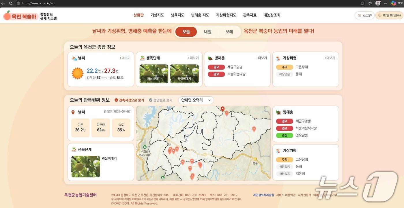 본문 이미지 - 옥천 복숭아 병해충·농업기상 종합정보 시스템 캡처.(옥천군 제공. 재판매 및 DB금지)/뉴스1 