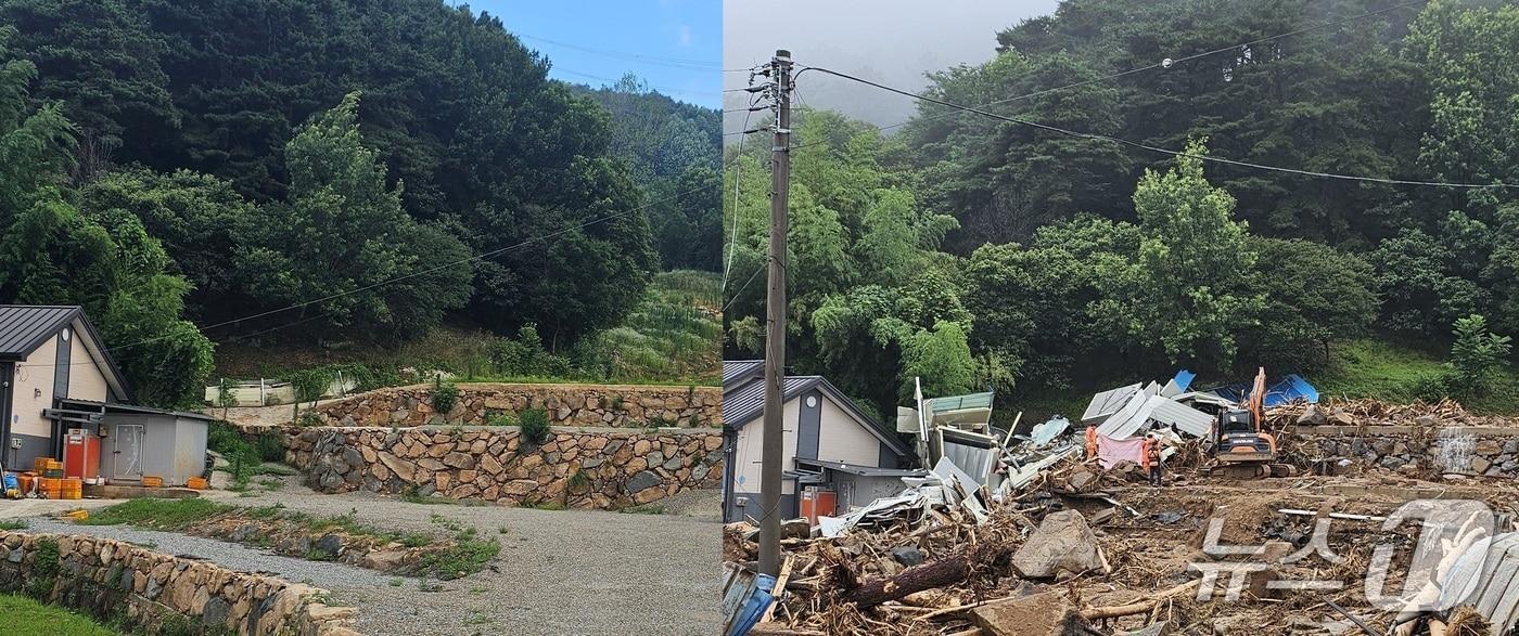 본문 이미지 - 지난해 7월 산사태로 피해를 입은 산청군 산청읍 부리마을의 한 주택(오른쪽)과 지난 13일 주택 터 복구가 완료된 모습. 2026.7.13/뉴스1 한송학기자