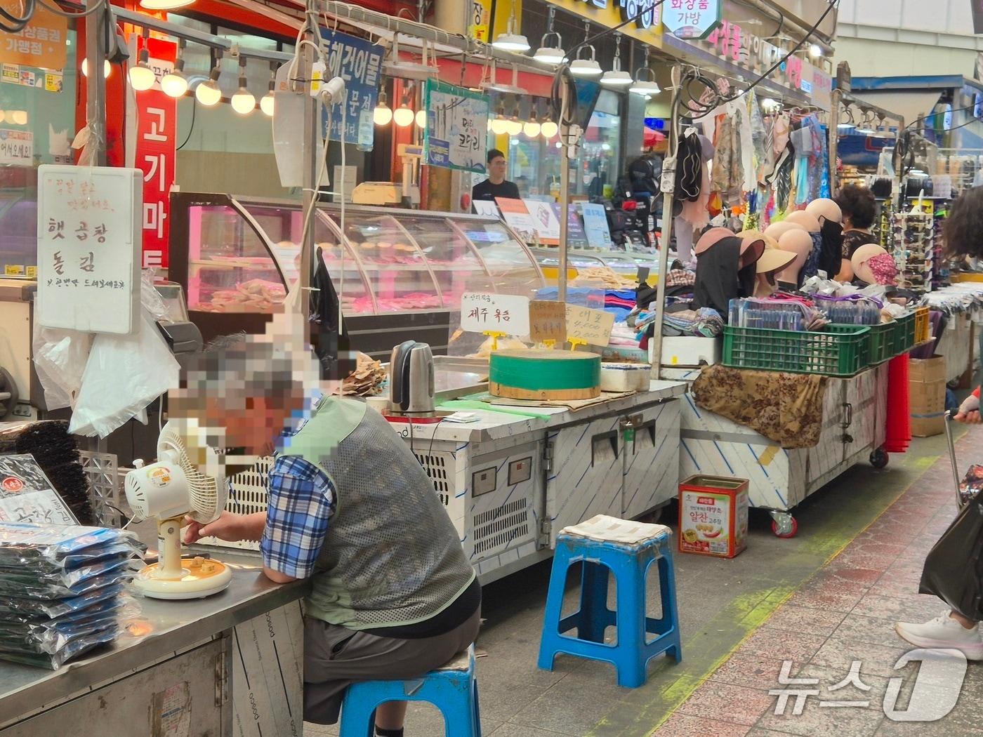 본문 이미지 - 전국 대부분 지역에 폭염특보가 발효된 13일 경기 구리시 구리전통시장에서 한 상인이 선풍기 바람을 쐬며 더위를 식히고 있다.2026.07.13/뉴스1 양희문 기자 