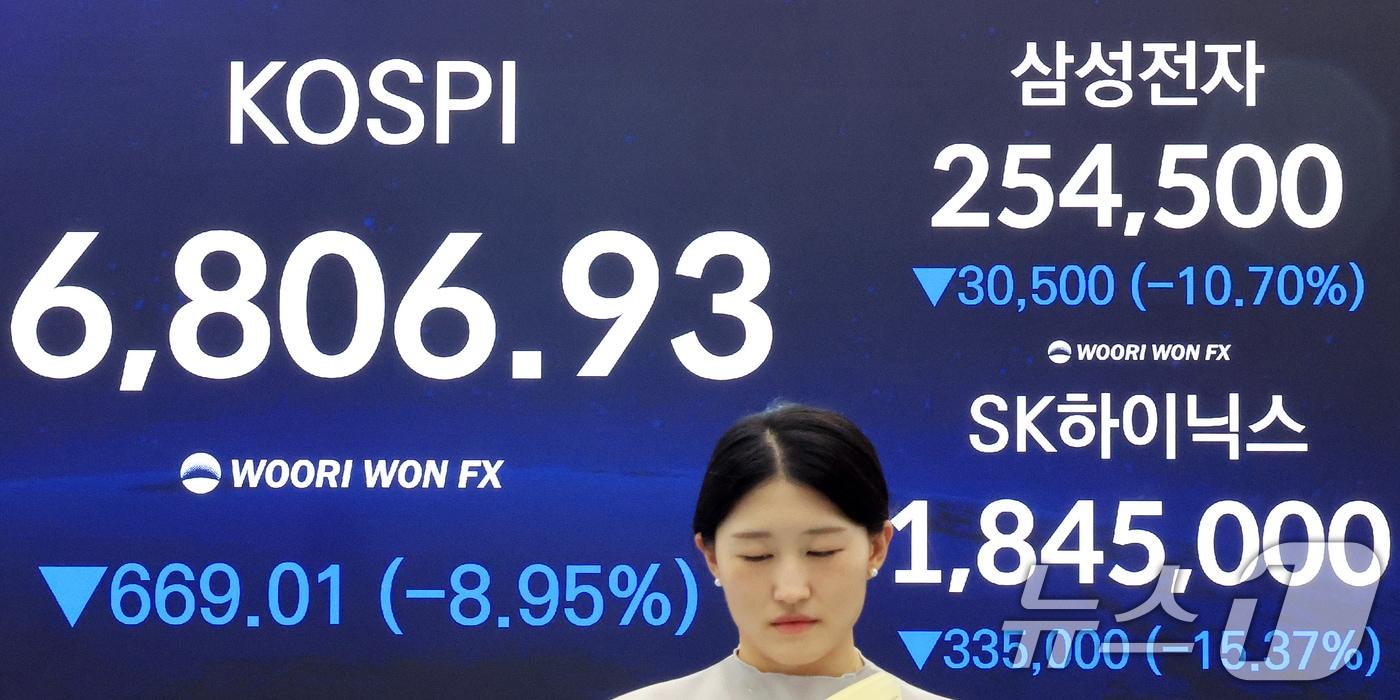본문 이미지 - 13일 서울 중구 우리은행 본점 딜링룸 전광판에 종가가 나오고 있다.  2026.7.13 ⓒ 뉴스1 이호윤 기자