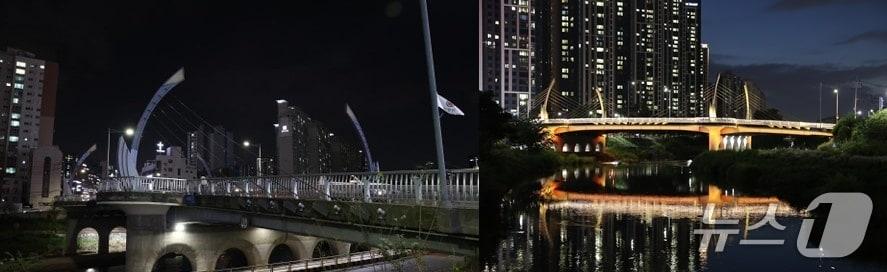 본문 이미지 - 경기 안양시 '비산대교' 경관조명 교체 전(왼쪽)과 후(오른쪽) 모습.(안양시 제공. 재판매 및 DB금지)/뉴스1