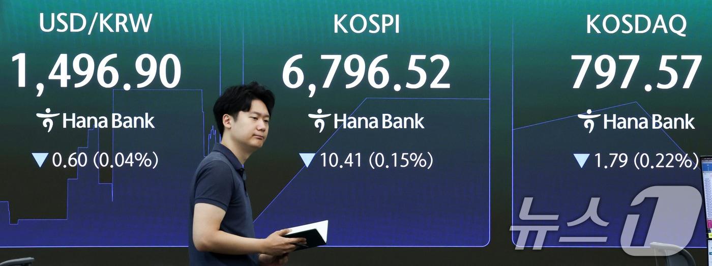 본문 이미지 - 14일 서울 중구 하나은행 본점 딜링룸 전광판에 코스피 시황이 표시되어 있다. 2026.7.14 ⓒ 뉴스1 최지환 기자