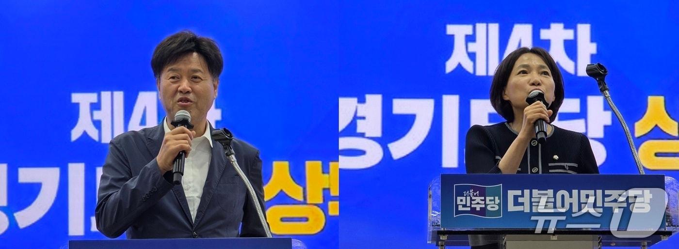 본문 이미지 - 더불어민주당 8·17 전당대회 최고위원 선거에 출마한 김용(왼쪽)·서미화(오른쪽) 후보가 14일 오전 경기도의회 대회의실에서 열린 경기도당 상무위원회에서 인사말을 하고 있다.2026.07.14/뉴스1 ⓒ News1 송용환 기자