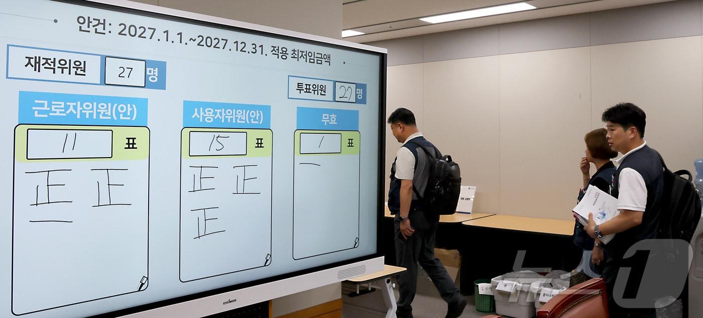 본문 이미지 - 14일 세종시 정부세종청사 최저임금위원회에서 열린 2027년도 최저임금위원회 14차 전원회의에서 2027년도 최저임금이 노·사·공익위원들의 투표로 올해시급 1만320원 보다 380원 오른 1만700원, 3.7% 인상으로 확정하며 근로자위원들이 씁쓸한 표정으로 회의장을 나서고 있다. 2026.7.14 ⓒ 뉴스1 김기남 기자