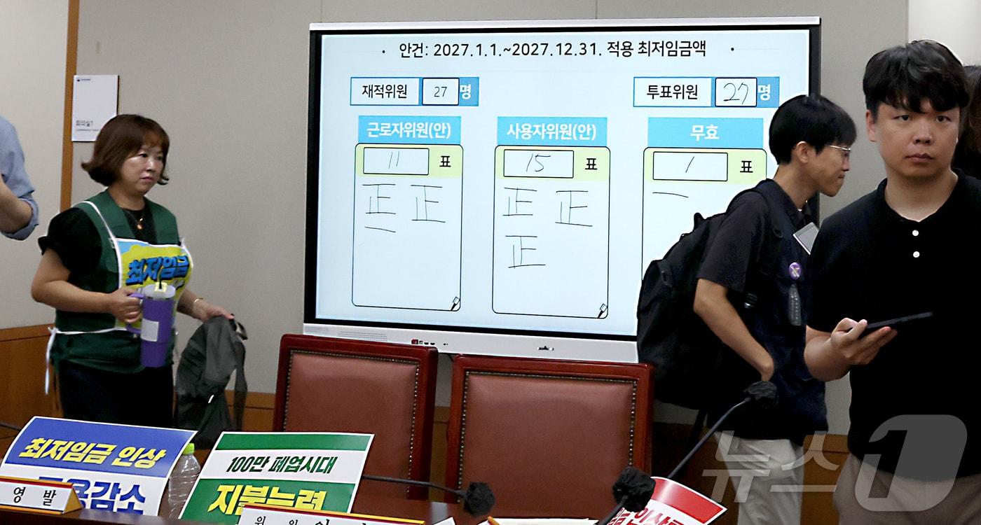 본문 이미지 - 14일 세종시 정부세종청사 최저임금위원회에서 열린 2027년도 최저임금위원회 14차 전원회의에서 노·사·공익위원들의 투표로 올해시급 1만320원 보다 380원 오른 1만700원, 3.7% 인상으로 확정하며 근로자위원들이 씁쓸한 표정으로 회의장을 나서고 있다. 2026.7.14 ⓒ 뉴스1 김기남 기자