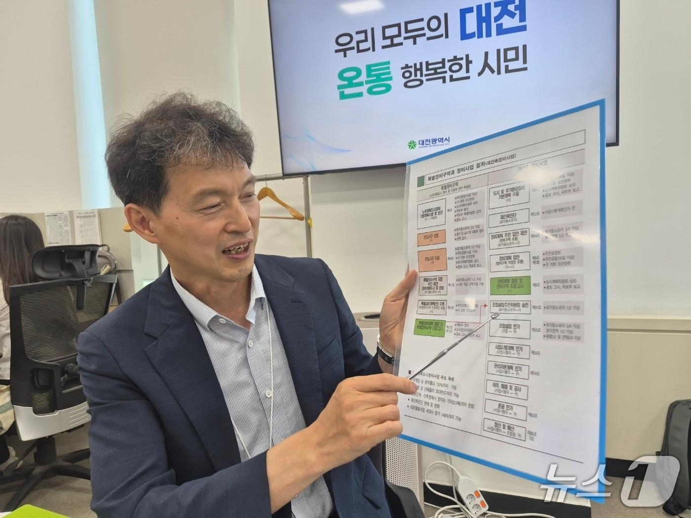 본문 이미지 - 최종수 대전시 도시주택국장이 15일 오후 기자실에서 선도지구 선정과 관련해 기자간담회를 갖고 있다. (박종명 기자) / 뉴스1