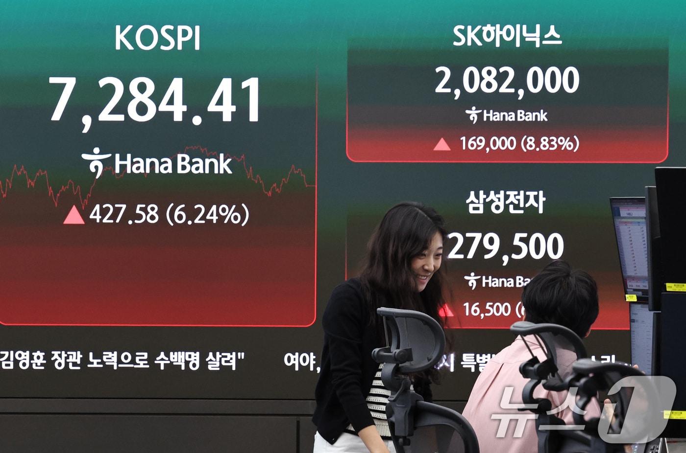 본문 이미지 - 15일 오후 서울 중구 하나은행 딜링룸 전광판에 코스피 등 시황이 나타나고 있다.  2026.7.15 ⓒ 뉴스1 구윤성 기자