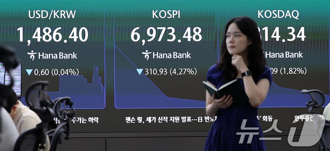 본문 이미지 - 16일 서울 중구 하나은행 딜링룸 전광판에 코스피 등 시황이 표시되고 있다.2026.7.16 ⓒ 뉴스1 박지혜 기자