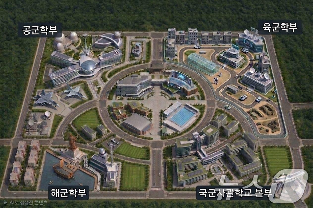 본문 이미지 - 정부와 더불어민주당이 육·해·공군 사관학교를 통합한 국군사관학교를 대전 자운대에 창설할 계획이라고 16일 밝혔다. 미래전과 전시작전통제권 전환에 대비해 교육체계를 개편하고 통합형 장교를 양성한다는 구상이다. 사진은 AI를 활용해 제작한 예상 조감도. (국방부 제공. 재판매 및 DB금지) 2026.7.16 ⓒ 뉴스1