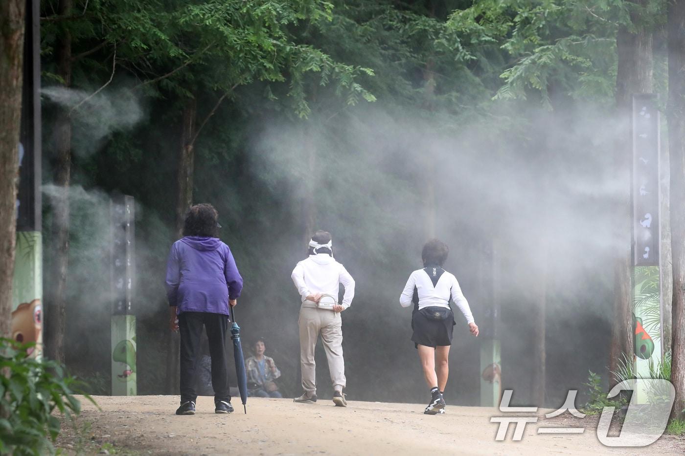 본문 이미지 - 장마가 소강상태로 접어들고 다시 무더위가 찾아온 2일 오후 대구 남구 앞산 고산골에서 시민들이 쿨링포그(안개형 냉각수) 장치가 가동된 등산로를 걷고 있다. 2026.7.2 ⓒ 뉴스1 공정식 기자