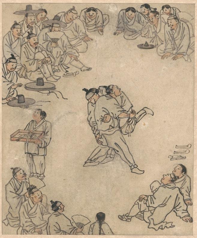 본문 이미지 - 김홍도 '단원풍속도첩' 중 씨름(국립중앙박물관 제공)