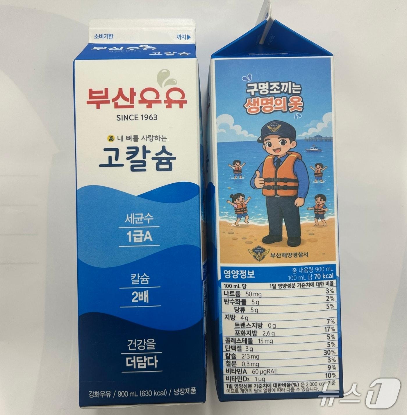 본문 이미지 - 부산우유 고칼슘 우유 제품에 구명조끼 입기 캠페인 포스터가 삽입된 모습 (해경 제공. 재판매 및 DB금지)