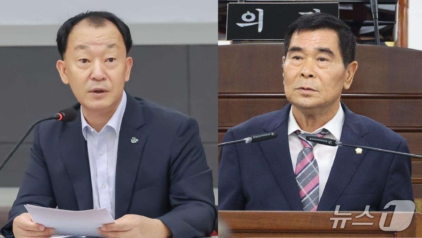 본문 이미지 - 20일 산청군 대회의실에서 간부 회의를 진행 중인 유명현 산청군수(왼쪽)와 산청군의회에서 발언 중인 안천원 산청군의회 의장(산청군·의회 제공. 재판매 및 DB금지).