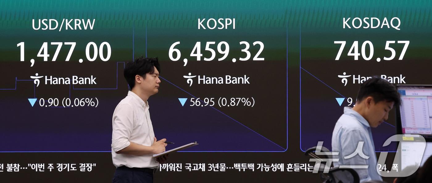 본문 이미지 - 21일 서울 중구 하나은행 딜링룸 전광판에 코스피 등 시황이 표시되고 있다. 2026.7.21 ⓒ 뉴스1 박지혜 기자