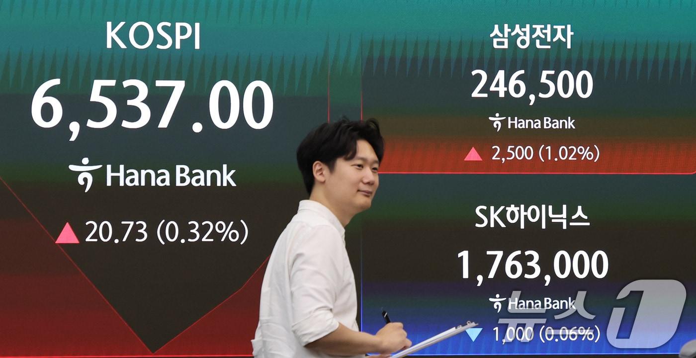 본문 이미지 - 21일 서울 중구 하나은행 딜링룸 전광판에 코스피 등 시황이 표시되고 있다 이날 코스피는 전 거래일(6516.27) 대비 0.57%(37.61포인트) 오른 6553.88로 출발했다. 2026.7.21 ⓒ 뉴스1 박지혜 기자