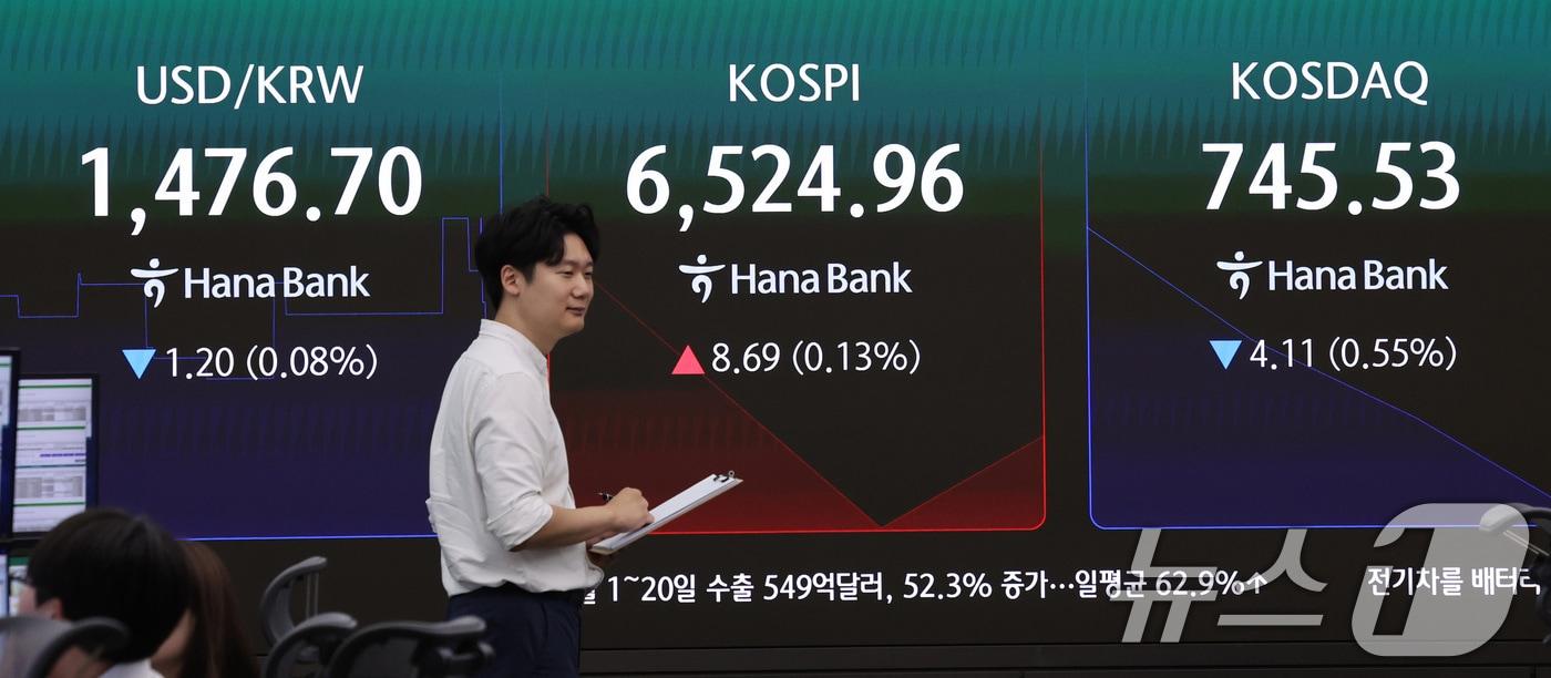 본문 이미지 - 21일 서울 중구 하나은행 딜링룸 전광판에 코스피 등 시황이 표시되고 있다 이날 코스피는 전 거래일(6516.27) 대비 0.57%(37.61포인트) 오른 6553.88로 출발했다. 2026.7.21 ⓒ 뉴스1 박지혜 기자