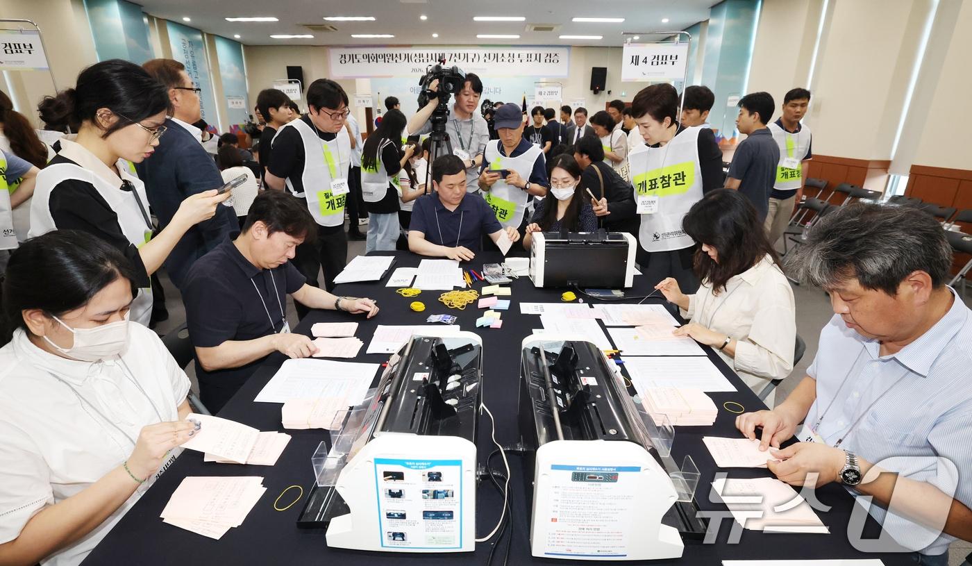 본문 이미지 - 21일 경기 수원시 영통구 경기도선거관리위원회에서 열린 '성남시 제7선거구 경기도의원 선거 및 당선무효소청 투표지 검증'에서 양측 참관인들이 지켜보는 가운데 도 선관위 관계자들이 투표지 검증을 하고 있다. 2026.7.21 ⓒ 뉴스1 김영운 기자