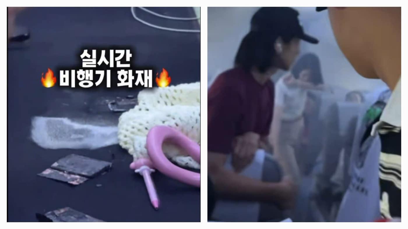 본문 이미지 - 20일 티웨이항공 인천발 보라카이행 항공편(TW125)에서 승객이 소지한 보조배터리에서 연기가 나자 객실 승무원이 신속하게 소화기를 분사하고 있다(오른쪽). 이후 검게 그을린 보조배터리의 모습(왼쪽)(인스타그램 'lovelyyy_jen02' 영상 갈무리). 2026.7.20.