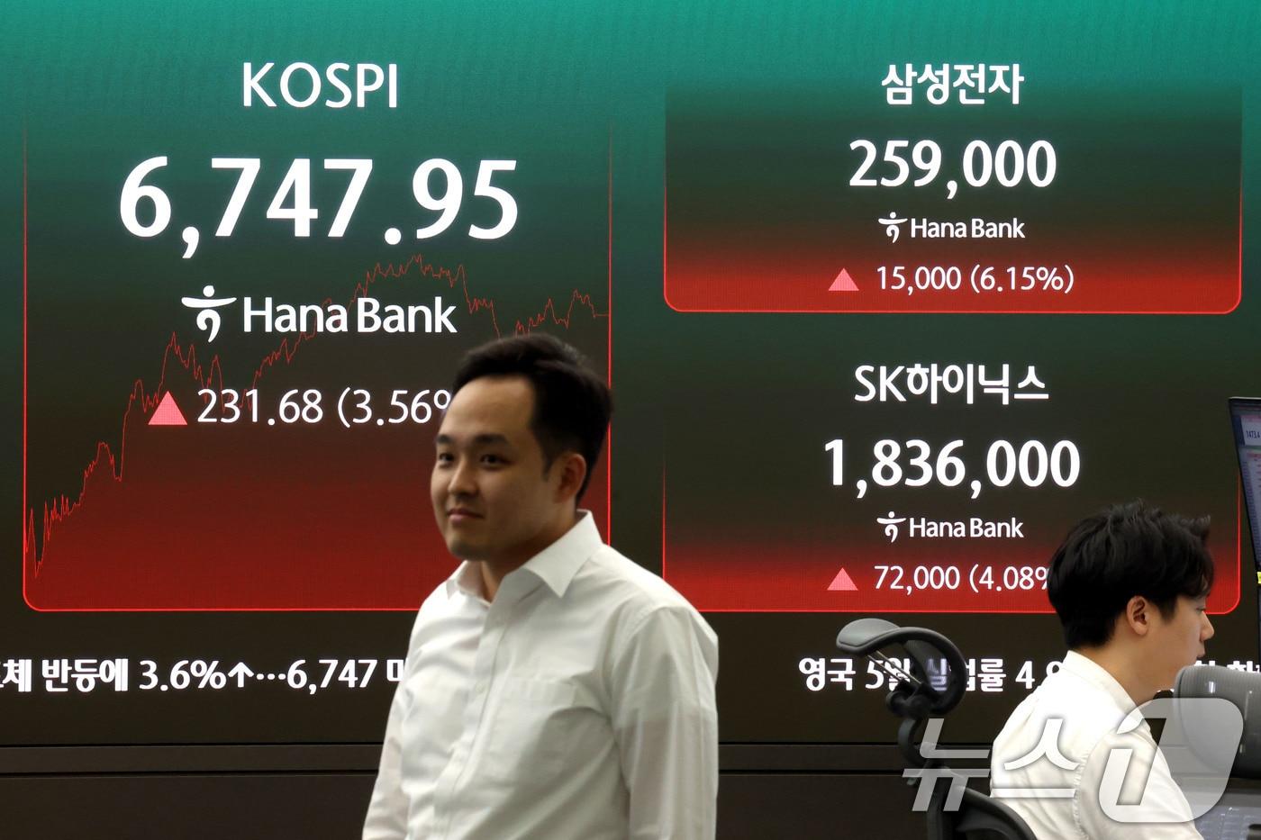 본문 이미지 - 21일 오후 서울 중구 하나은행 딜링룸 현황판에 삼성전자와 SK하이닉스 주가가 표시돼고 있다. 2026.7.21 ⓒ 뉴스1 이광호 기자