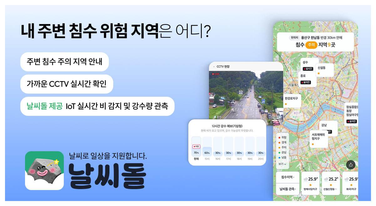 본문 이미지 - 헥토이노베이션의 날씨 기반 일상 지원 플랫폼 '날씨돌'이 이용자 주변의 침수 위험도를 확인할 수 있는 '내 주변 침수 위험 지도' 서비스를 선보였다. (헥토이노베이션 제공)