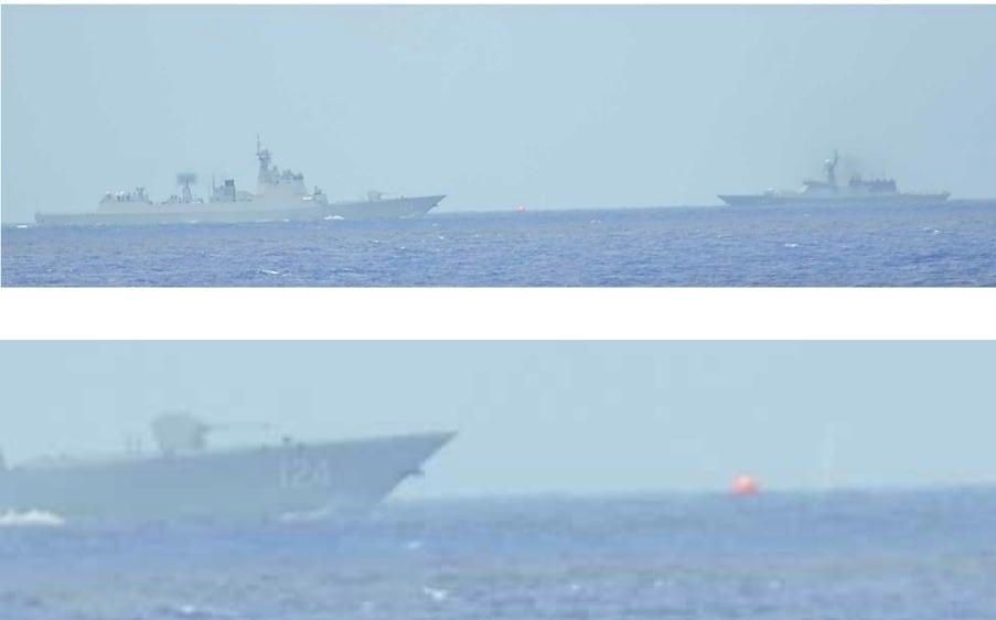 본문 이미지 - 일본 방위성은 오키노토리시마 EEZ에서 사격훈련을 하는 중국 해군 미사일 구축함(함번호 124), 러시아 해군 호위함(함번호 343) 사진을 공개했다.(일본 방위성 통합막료감부 자료 캡처)