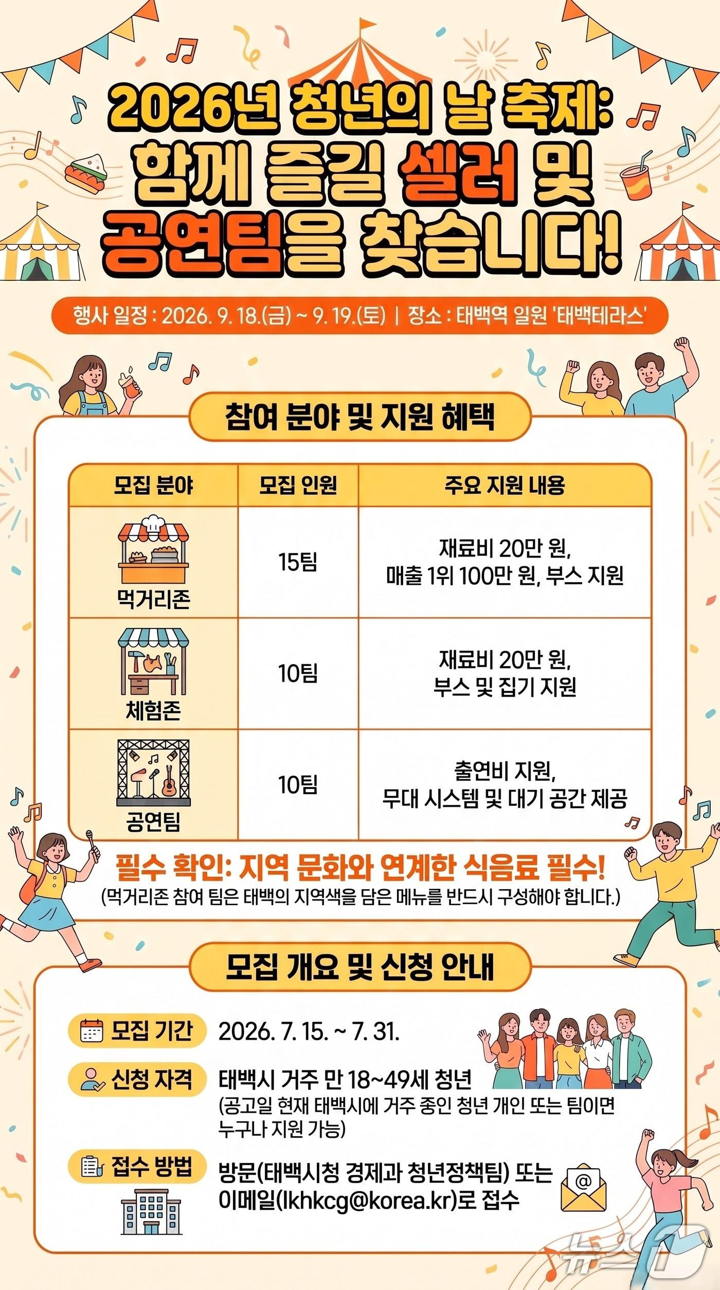 본문 이미지 - 강원 태백시의 '2026 청년의 날 축제' 참여팀 모집 안내 포스터. (태백시 제공. 재판매 및 DB금지) 2026.7.22/뉴스1