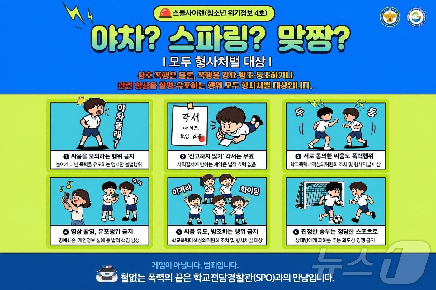 본문 이미지 - 경북교육청은 23일 경북경찰청과 함께 ‘야차룰·스파링 등 상호·집단폭행’을 주제로 청소년 범죄 위기 경보인 ‘스쿨 사이렌’ 제4호를 발령했다. /뉴스1