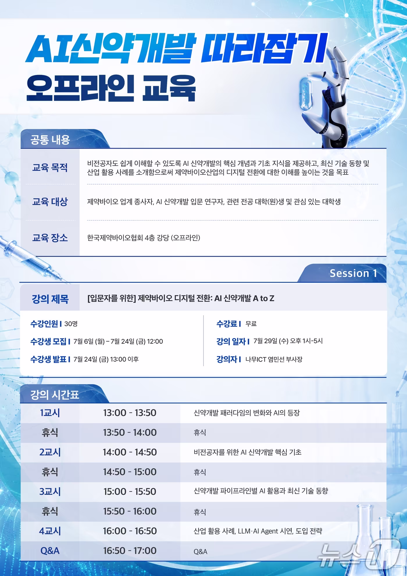 본문 이미지 - 한국제약바이오협회 부설 AI신약연구원의 'AI 신약개발  따라잡기' 교육 일정