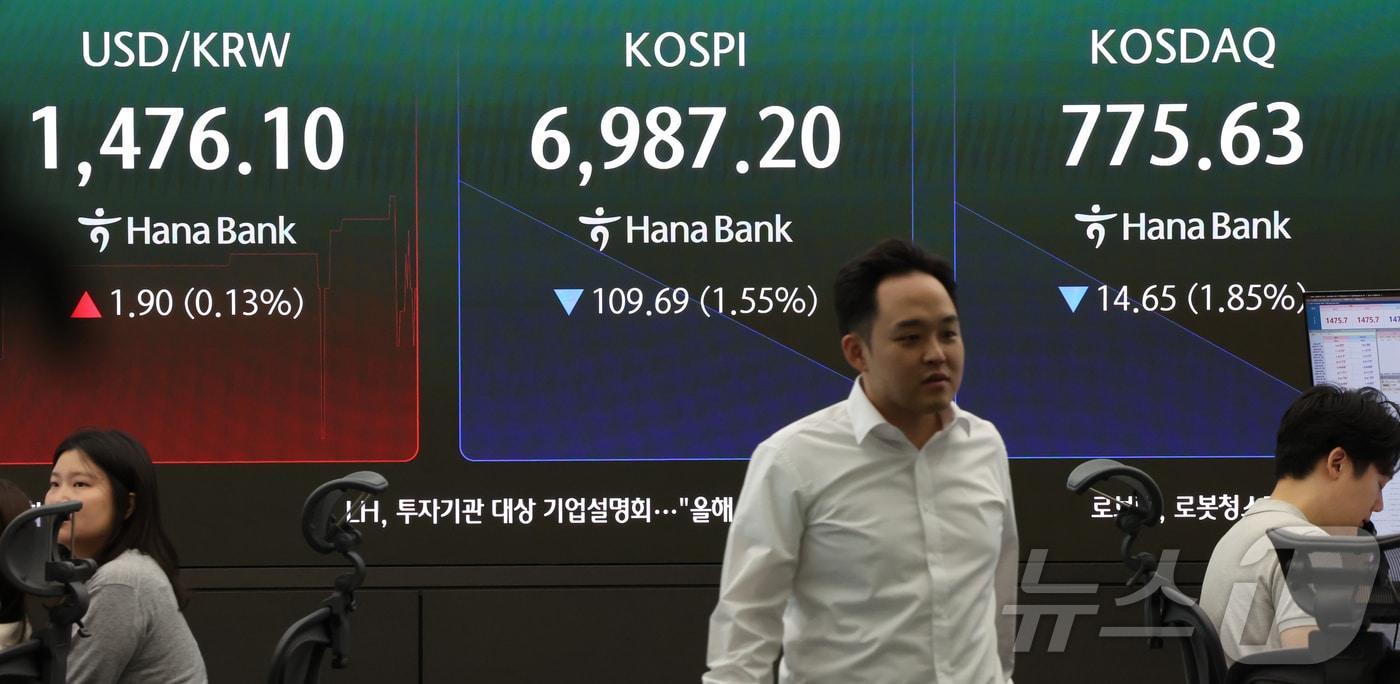 본문 이미지 - 24일 서울 중구 하나은행 본점 딜링룸 전광판에 개장 시황이 나오고 있다. 2026.7.24 ⓒ 뉴스1 김진환 기자
