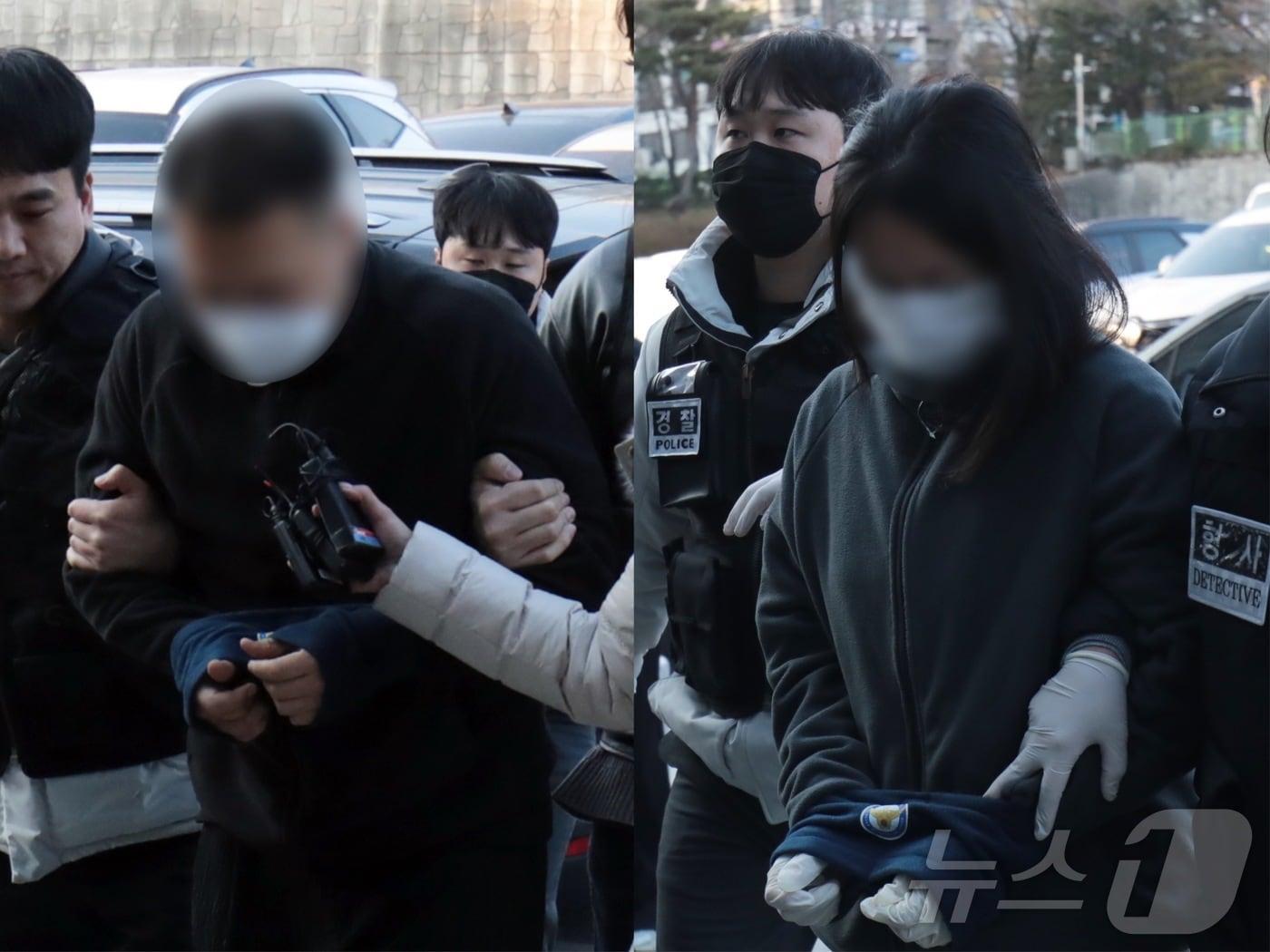 본문 이미지 - 캄보디아에서 연애를 빙자한 사기 일명 '로맨스스캠'으로 120억원을 가로챈 한국인 총책 부부. 사진은 지난 1월 23일 국내로 강제 송환돼 울산경찰청 반부패수사대로 연행되는 모습. 2026.1.23 2026.7.24 ⓒ 뉴스1 김세은 기자