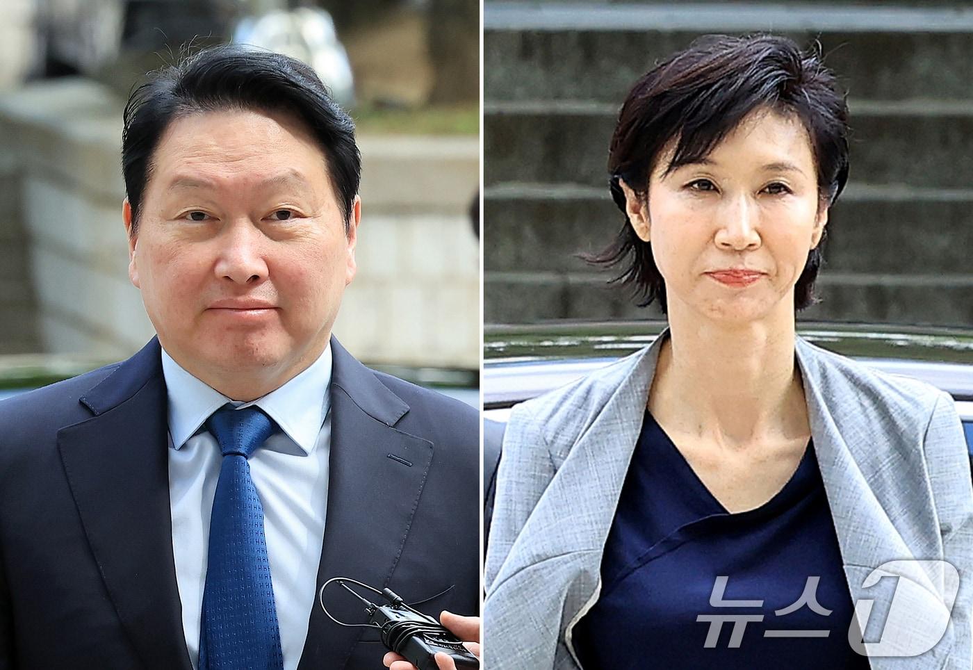 본문 이미지 - 지난 6월 26일 최태원 SK그룹 회장(왼쪽)과 노소영 아트센터 나비 관장이 서울 서초구 서울고등법원에서 열린 파기환송심 2차 변론에 출석하는 모습. 2026.7.24 ⓒ 뉴스1 이호윤 기자