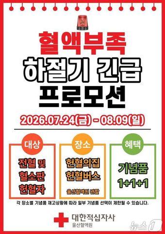 본문 이미지 - 대한적십자사 울산혈액원 '긴급 헌혈 프로모션' 포스터.(대한적십자사 울산혈액원 제공. 재판매 및 DB금지)