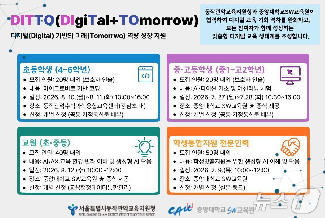 본문 이미지 - 동작관악교육지원청은 중앙대학교 SW교육원과 협력해 학생과 교원을 대상으로 '2026 지역 연계 AI·디지털 성장 프로젝트'를 진행한다.(서울시교육청 제공)