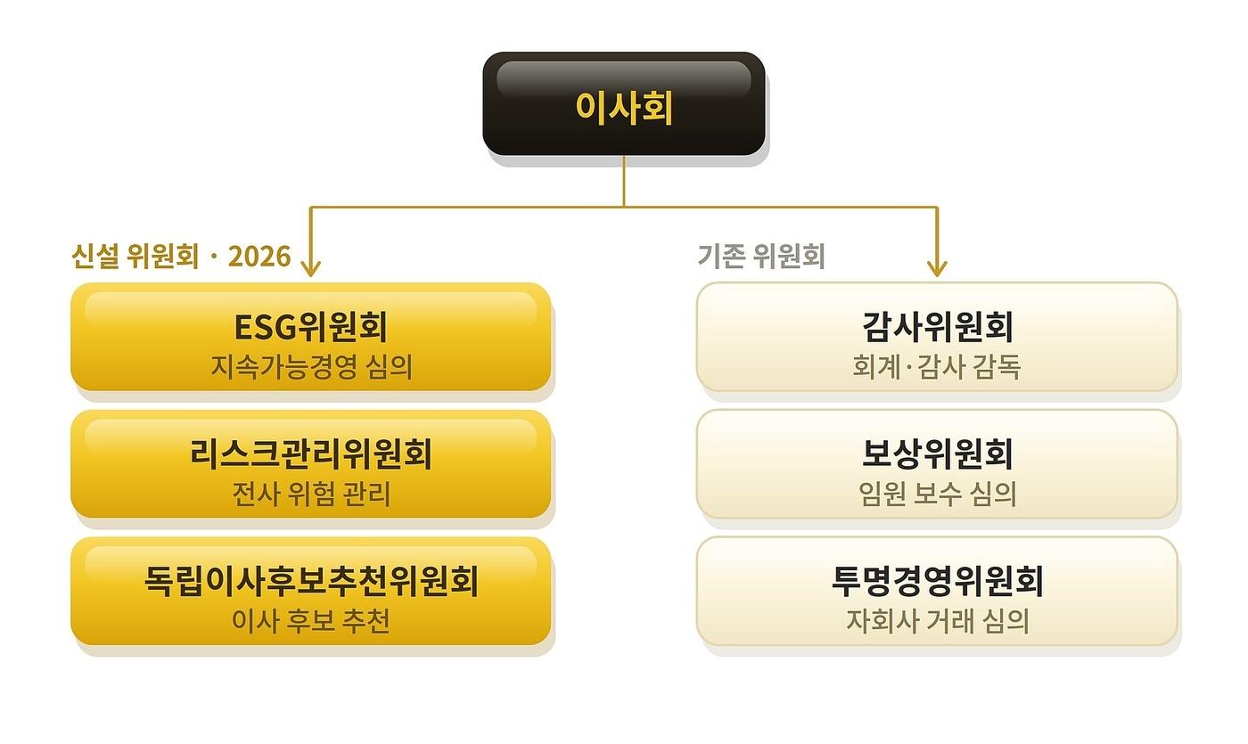 본문 이미지 - 달바글로벌이 ESG위원회, 리스크관리위원회, 독립이사후보추천위원회를 신설하며 총 6개 이사회 산하 위원회 체제를 구축했다. 사진은 달바글로벌 이사회 산하 위원회 구조도. (달바글로벌 제공)