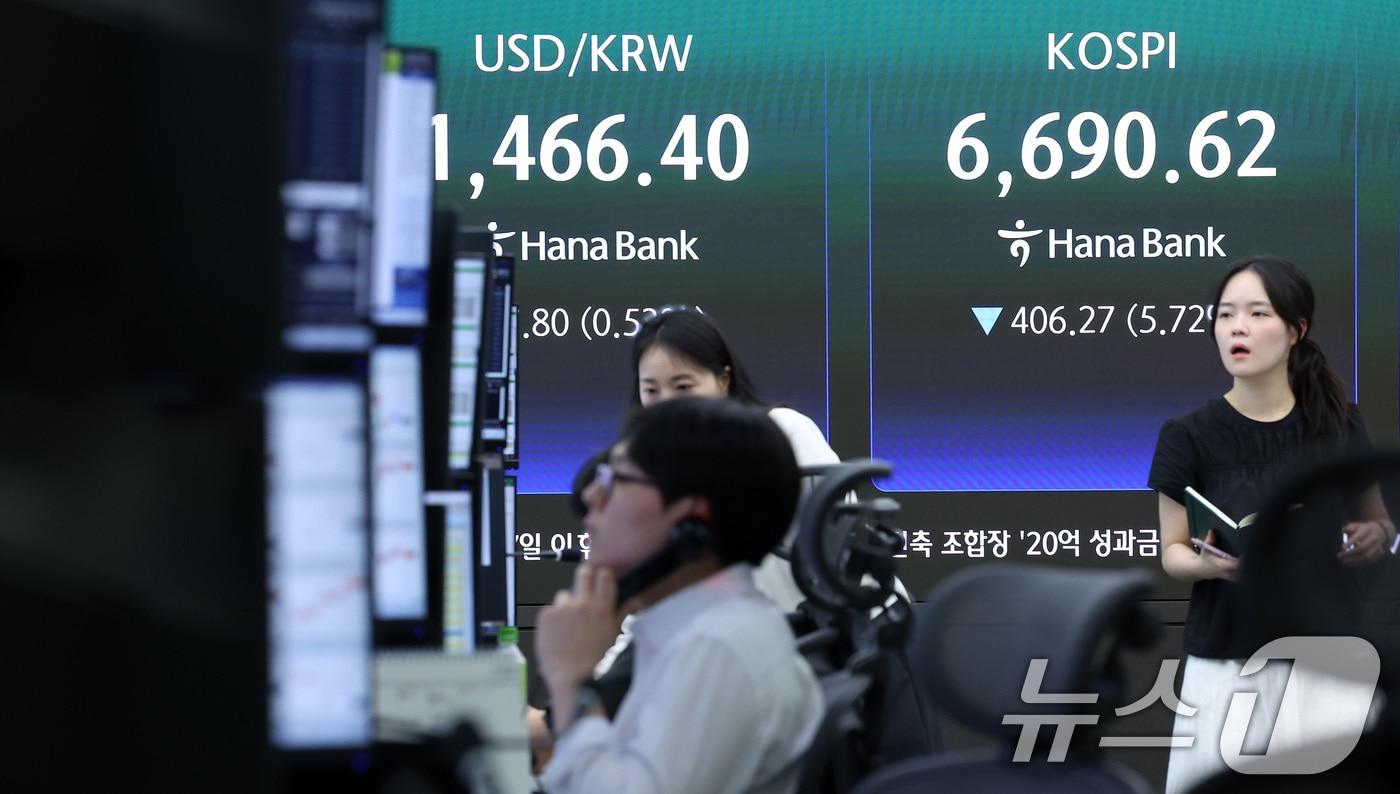 본문 이미지 - 코스피 지수가 하루 만에 7000선을 반납한 24일 서울 중구 하나은행 본점 딜링룸 전광판에 종가가 나오고 있다.  2026.7.24 ⓒ 뉴스1 김성진 기자