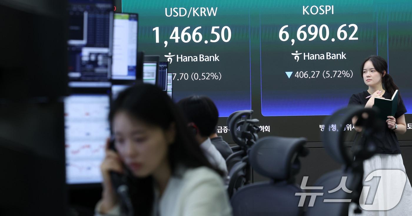 본문 이미지 - 코스피 지수가 하루 만에 7000선을 반납한 24일 서울 중구 하나은행 본점 딜링룸 전광판에 종가가 나오고 있다. 2026.7.24 ⓒ 뉴스1 김성진 기자