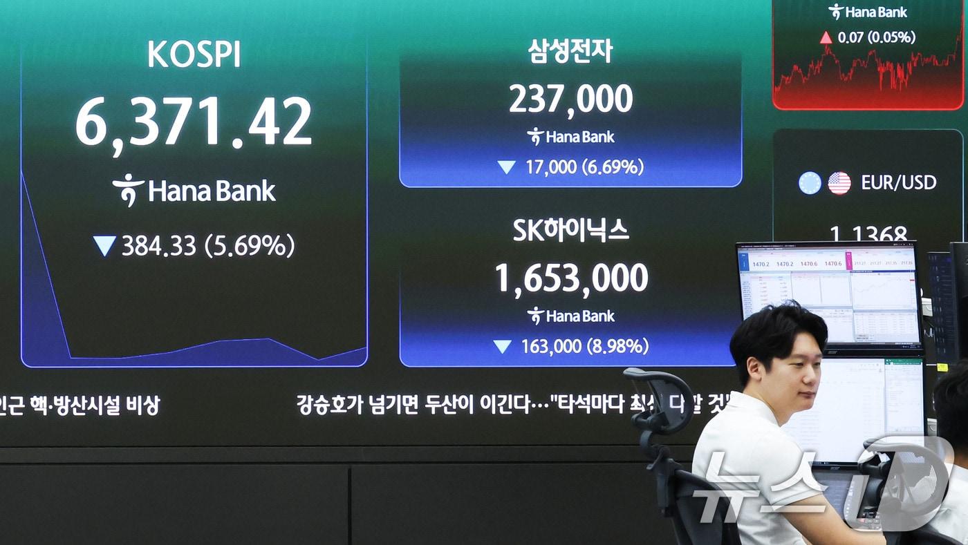 본문 이미지 - 28일 오전 서울 중구 하나은행 딜링룸 전광판에 코스피 등 시황이 표시되고 있다.  2026.7.28 ⓒ 뉴스1 이종수 기자