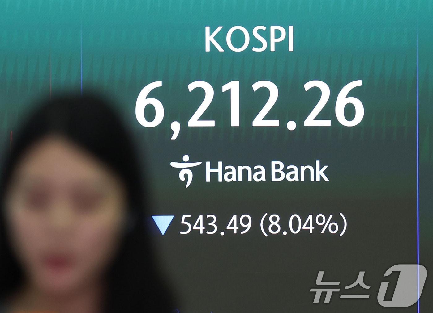 본문 이미지 - 코스피가 급락하며 서킷브레이커가 발동된 28일 오전 서울 중구 하나은행 딜링룸 전광판에 코스피 등 시황이 표시되고 있다. 이날 코스피는 장중 8% 넘게 급락하면서 유가증권시장에서 서킷브레이커가 발동됐다. 2026.7.28 ⓒ 뉴스1 이종수 기자