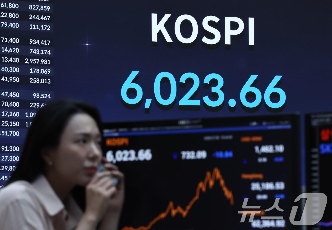 본문 이미지 - 코스피 지수가 급락한 28일 서울 영등포구 한국거래소 전광판에 코스피 지수가 전일 종가와 비교해 732.09포인트(p)(10.84%) 하락한 6023.66를 나타내고 있다. 코스닥은 전일 대비 59.01포인트(p)(7.72%) 하락한 705.85로 마감했다. 2026.7.28 ⓒ 뉴스1 김도우 기자
