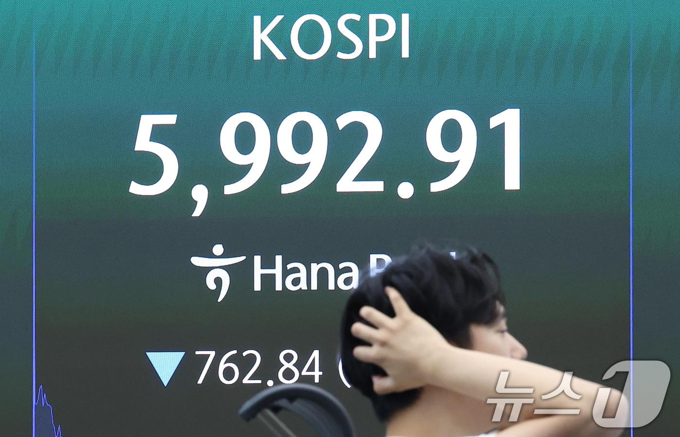 본문 이미지 - 코스피 지수가 장중 6000선이 붕괴된 28일 서울 중구 하나은행 본점 딜링룸 전광판에 장중 코스피 지수가 표시되고 있다. 이날 코스피는 전일 종가와 비교해 732.09포인트(p)(10.84%) 하락한 6023.66으로 마감했다. 2026.7.28 ⓒ 뉴스1 김성진 기자